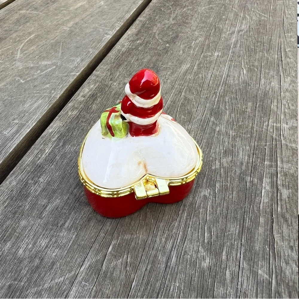 Porcelain Santa Christmas Heart Shaped Trinket Box